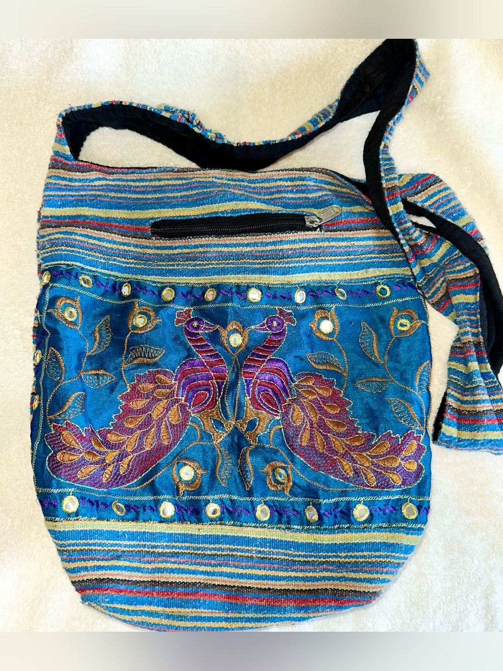 Tribe Azure Boho Peacock Crossbody Sling Bag Embroidered Mirror Hobo AS IS